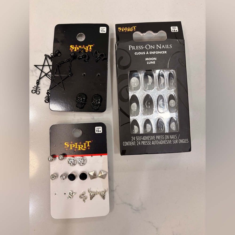 Lot of New Spirit Halloween Earrings and Press On Nails